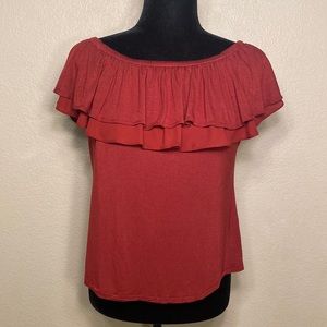Women’s Layered Ruffle Neck, Red Sleeveless Blouse. Off-the-Shoulder Stretch, M